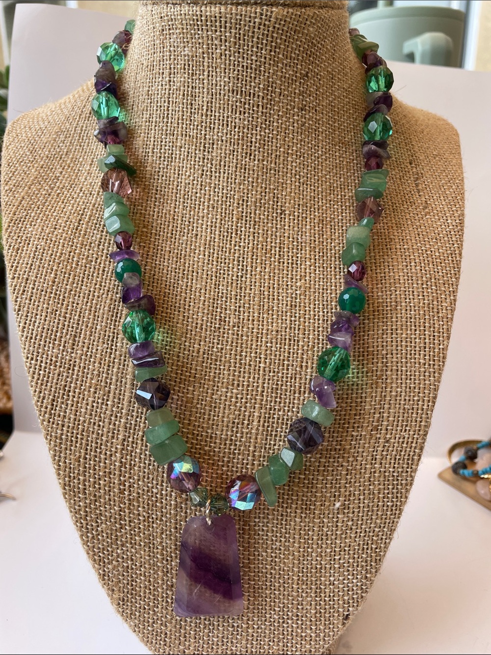 Green & Purple Beaded Amethyst Pendant Necklace - Women Jewelry